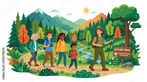 Diverse group of hikers on a nature trail guided by a park ranger.