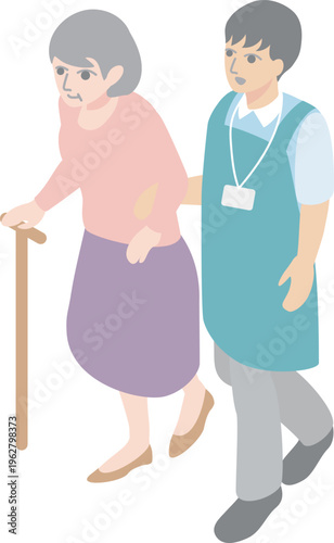 Isometric illustration of a caregiver supporting an elderly woman walking.