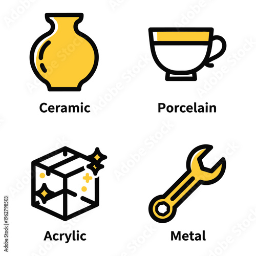 Vector art of four icons representing different materials ceramic vase, porcelain cup, acrylic cube, and metal wrench