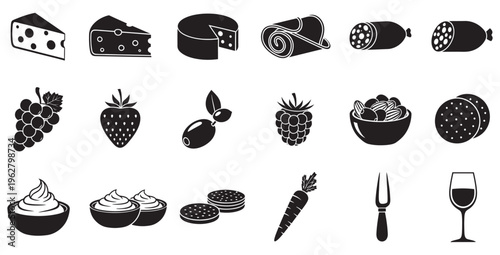 Collection of detailed black and white icons representing various gourmet food items perfect for charcuterie and snack illustrations.