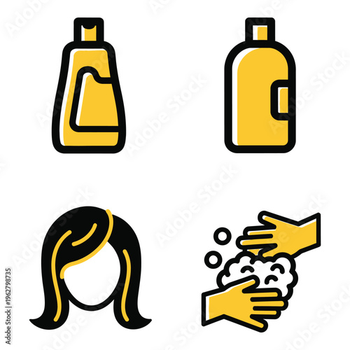 Vector art of set of four yellow and black icons representing hair care products, hair, and hand washing