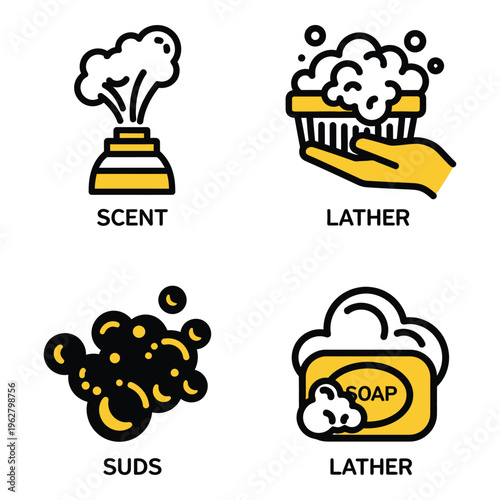 Vector art of set of four flat icons representing scent, lather, suds, and soap