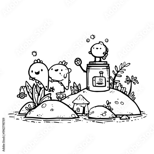 Three cartoon characters on a hill with a jar and house surrounded by plants and flowers in a whimsical scene