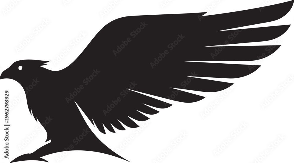 Obraz premium Black Bird Silhouette Spreads Wings in Flight Against White