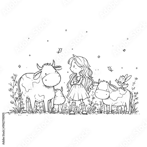 Whimsical illustration of a little girl with two cows and a fairy in a field of flowers under a starry sky
