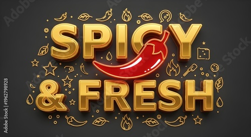 Spicy & Fresh Luxury 3D Gold Typography – Red Chili Icon with Golden Line Art Elements Illustration
