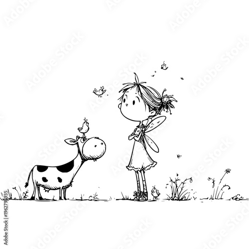 A young girl in a dress stands next to a cow with a bird on its head surrounded by butterflies and flowers in a serene outdoor setting