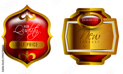 Two luxury product labels featuring high quality half price and new product guaranteed.
