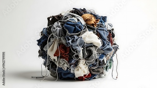 Heap of assorted clothes on white backdrop, textiles in chaotic pile