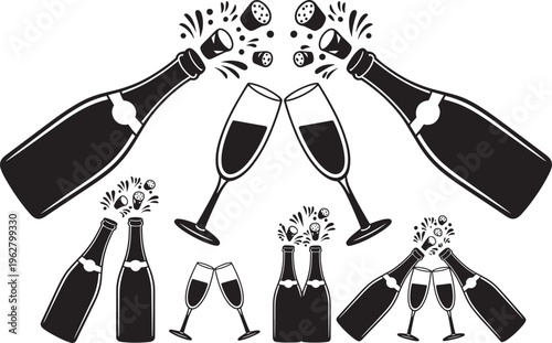 Champagne bottle popping icons with glasses for celebration and party anniversary event toast design