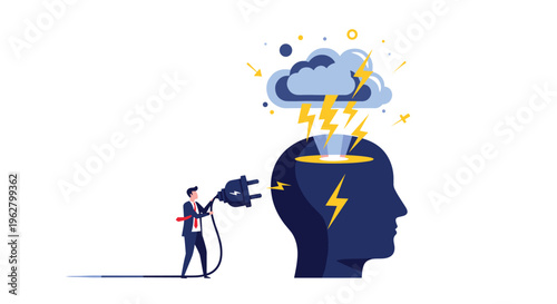 Small businessman connecting a large power plug into a human head silhouette with lightning bolts and a storm cloud representing brain power.