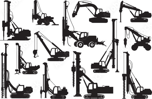 Industrial drilling rig silhouettes set for construction site foundation pile driver machine design