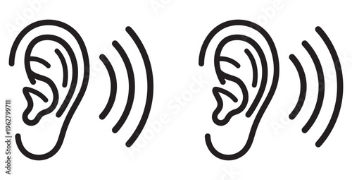 Simple black line art icon depicting two human ears with sound waves radiating outward symbolizing hearing reception and auditory perception concepts clearly.