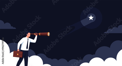 Ambitious businessman in suit and tie looking through telescope at bright star in dark night sky among clouds.