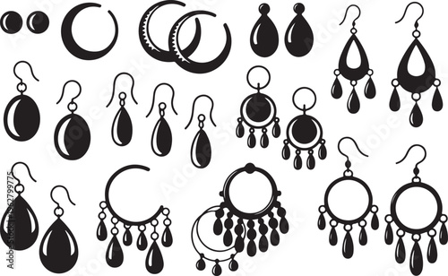 Collection of black silhouette earrings in various shapes and styles, isolated on transparent background