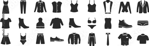 Clothing icons collection, fashion silhouette graphics, apparel design elements, black garment symbols, footwear and outfit illustrations for retail branding
