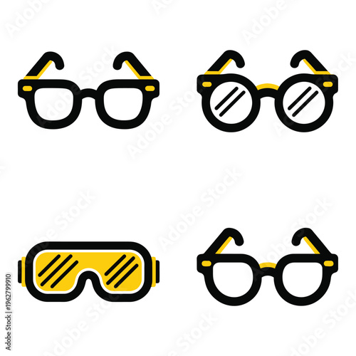 Vector art of collection of four flat icon glasses and goggles