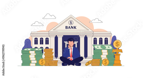 Successful businessman sits calmly in front of large bank building surrounded by huge piles of gold coins and cash.