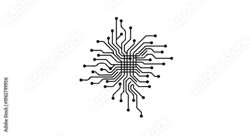 Abstract microchip or circuit board pattern illustration features intricate lines and nodes, representing computing, connectivity, and technological advancement on a white background.