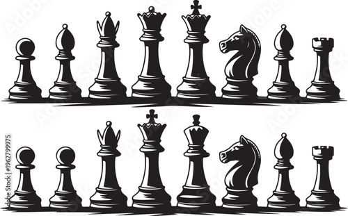 Classic chess piece icons collection featuring king queen knight rook bishop and pawn silhouettes