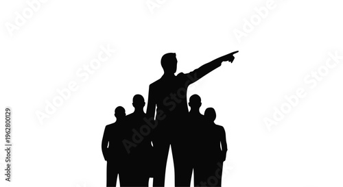 Business leader silhouette points the way forward for a team of professionals, symbolizing direction, guidance, and collective ambition on a white background.