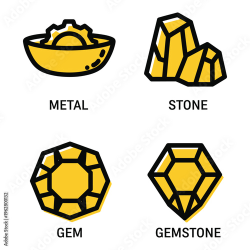 Vector art of four flat icons representing raw materials and precious stones, including metal, stone, gem, and gemstone