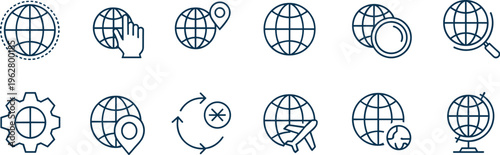 Global icons collection, world map symbols, international travel and navigation graphics, currency exchange, global search, location services, connectivity illustration