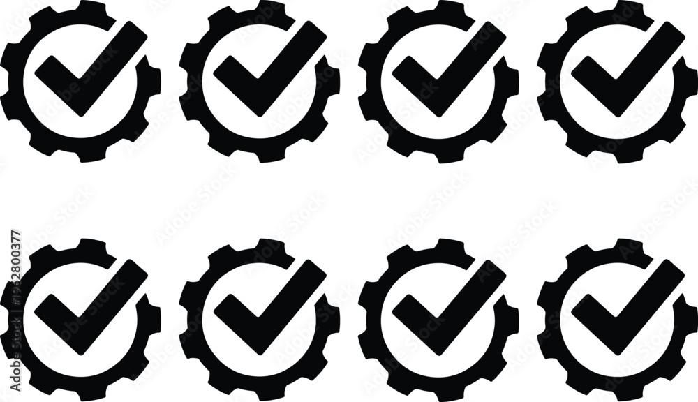 Fototapeta premium Collection of eight black checkmarks inside gear icons on a white background, representing approval and mechanical processes.