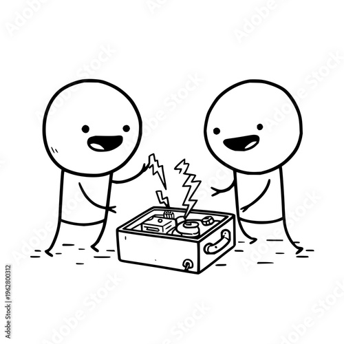 Two cartoon characters shocked by a broken turntable with lightning