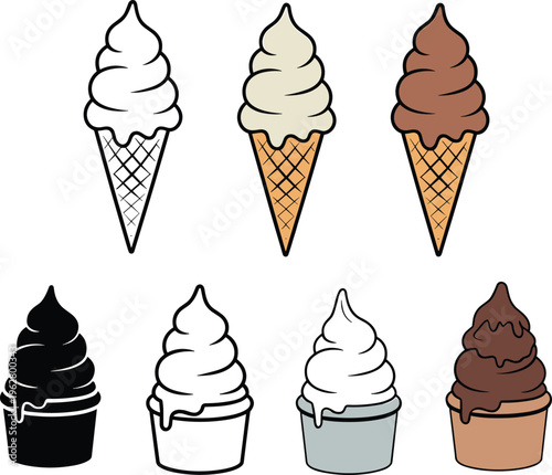 Ice cream cones, waffle cups, dessert icons, sweet treat illustration, chocolate vanilla flavors, colorful variations, food design, summer snack, frozen dessert, graphic