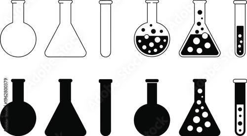 Laboratory glassware icons, chemistry flasks, test tubes, science equipment, educational illustration, chemical reaction symbols, black silhouette, outline design, bubbles, experiment