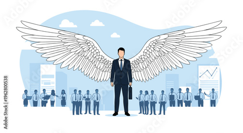 Corporate leader in business suit with massive white wings stands prominently before group of office workers and charts.