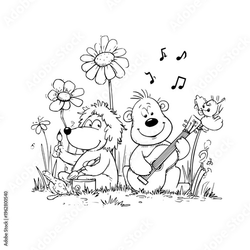 Two happy bears and a bird playing music together in a field of flowers on a sunny day outdoors