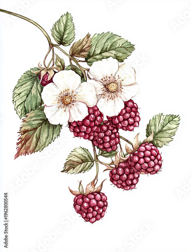 A vibrant illustration of blackberries on a vine, with delicate white blossoms, capturing the essence of summer fruits