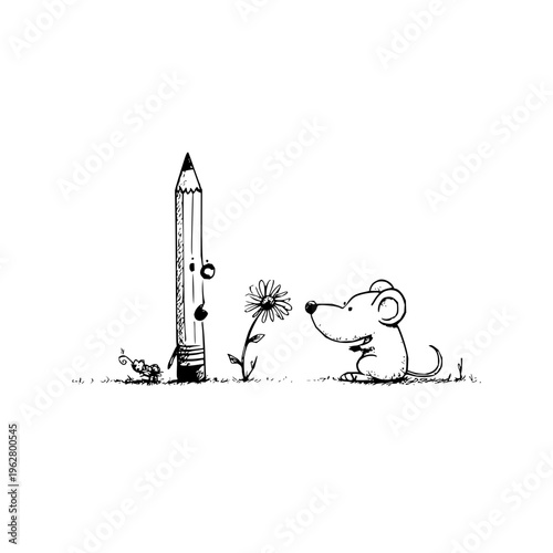 Whimsical illustration of a curious mouse smelling a dandelion next to a giant pencil with a face