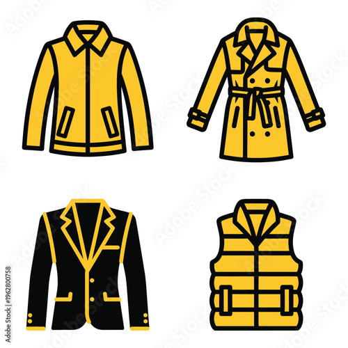 Vector art of collection of four flat icon illustrations of mens outerwear, including a jacket, trench coat, blazer, and vest