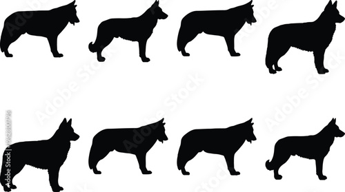 Eight black silhouette icons of German Shepherd dogs in profile, showcasing canine breeds and animal representation.