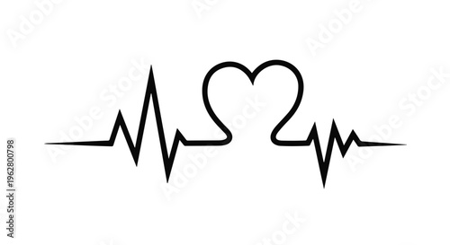 Heartbeat line with an integrated heart shape symbolizes vitality, health, and medical well-being on a clean white background.