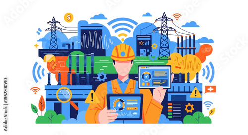 Engineer holding tablet with smart factory data.