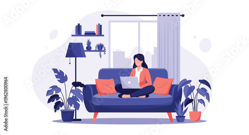 Young woman sitting cross-legged on comfortable sofa in cozy living room working on her laptop surrounded by plants.