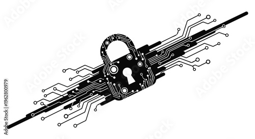 Padlock icon integrated with abstract circuit board lines represents digital security and data protection concepts for modern technology.