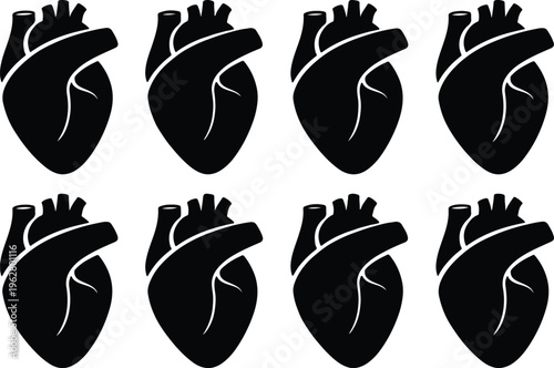Collection of eight black silhouette anatomical human hearts, representing love, life, and medical science.