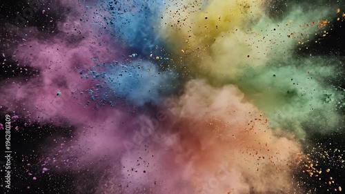Burst of colorful powder exploding outwards against a dark background