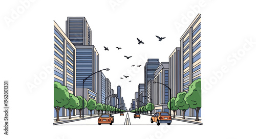 City street with tall buildings.