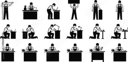 Black Icons of Professional Carpenters and Woodworkers Working on Benches Using Tools Laptop and Measuring Equipment for Furniture Design and Manufacturing