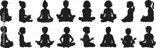 Children meditation silhouettes, mindfulness practice, yoga poses, calm focus, peaceful sitting, mental well-being, relaxation art, cross-legged posture, inner balance, harmony