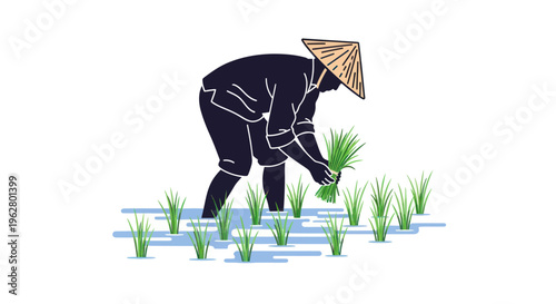 Person working in rice field manually.