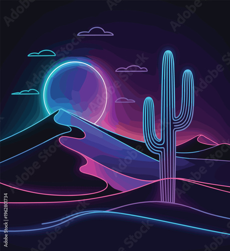 Neon Cactus Desert Landscape at Night with Glowing Moon and Dunes Retro Futurism Style