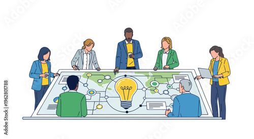 Diverse group brainstorming meeting ideas together.