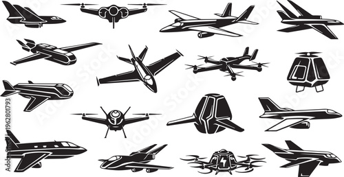 Collection of various airplanes and helicopters in black illustrations